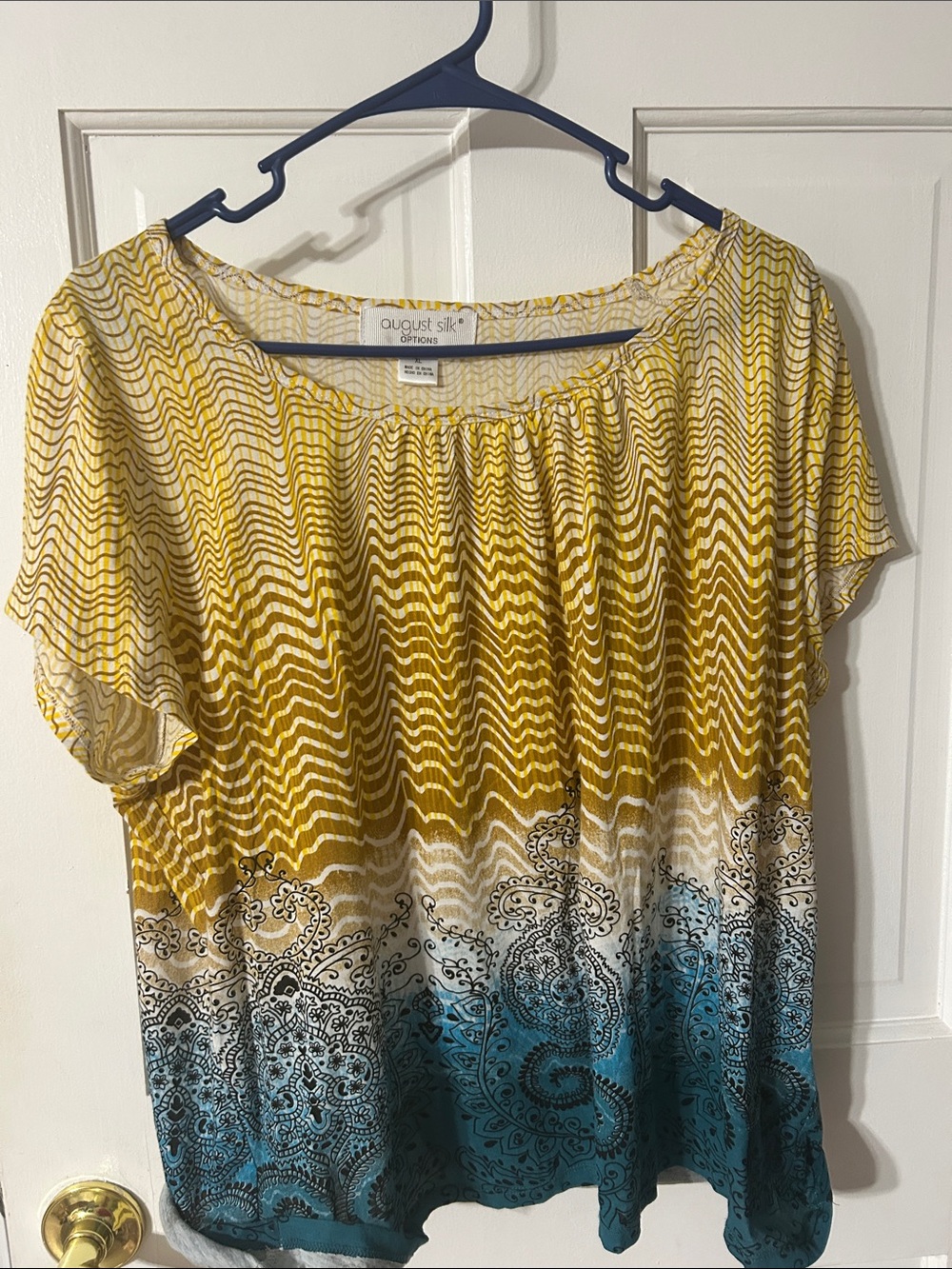 August Silk Yellow to Teal Ombre Short-Sleeve Peasant Top